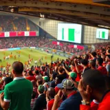 Colorful illustration of Nigerian football league action with fans cheering in the stadium