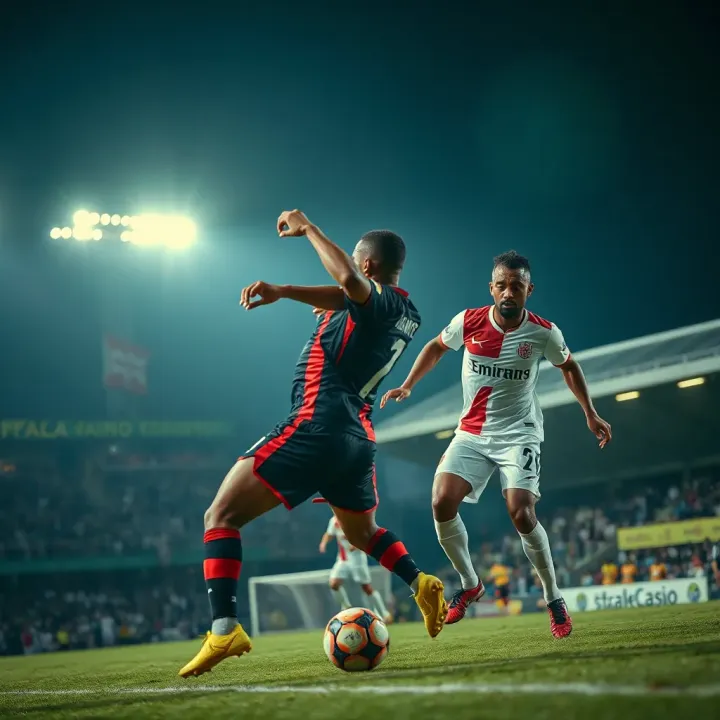 Football players competing intensely during an NPFL match under stadium lights