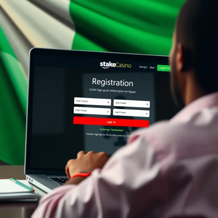 User completing registration on StakeCasino platform with Nigerian flag in background
