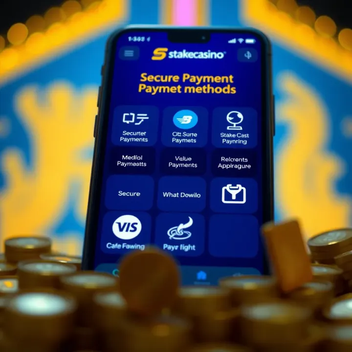 Secure Payment Methods on StakeCasino App Illustration of secure payment options available on the StakeCasino app with icons representing various methods
