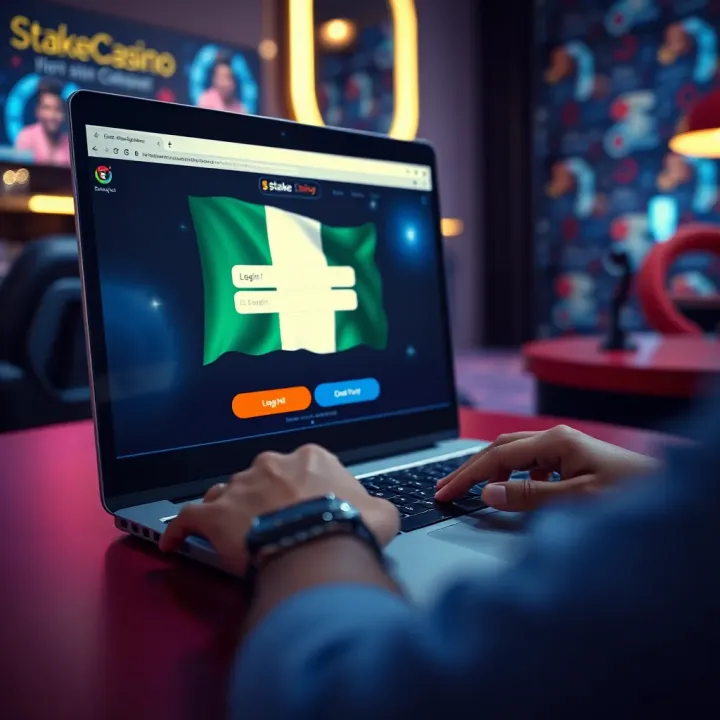 User logging into StakeCasino Shop platform on a laptop with Nigerian flag on screen