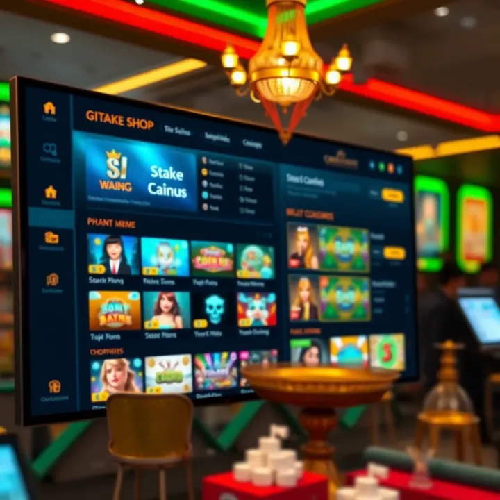 User interface of StakeCasino Shop displaying gaming options and navigation menu