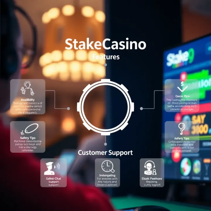 Diagram illustrating key features of StakeCasino support including availability, safety tips, and issue resolution
