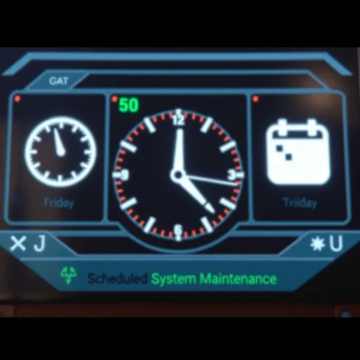 Illustration of a digital clock and calendar symbolizing scheduled system maintenance for an online platform