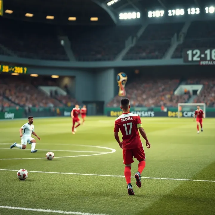 Betting Strategies and Team Analysis for World Cup Success Illustration of a soccer field with highlighted players and betting odds indicating strong contenders