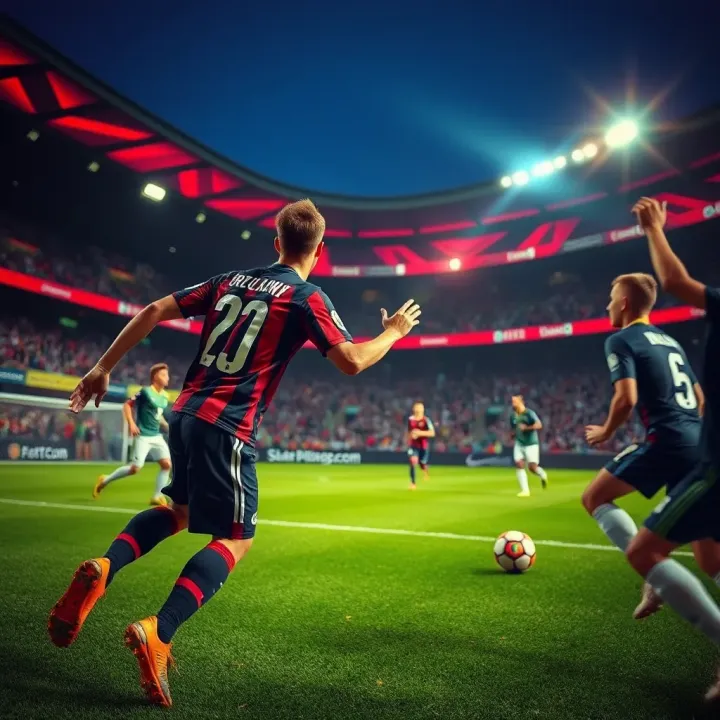 Thrilling Football Action at StakeCasino for the World Cup Exciting football match scene with vibrant stadium lights and enthusiastic fans