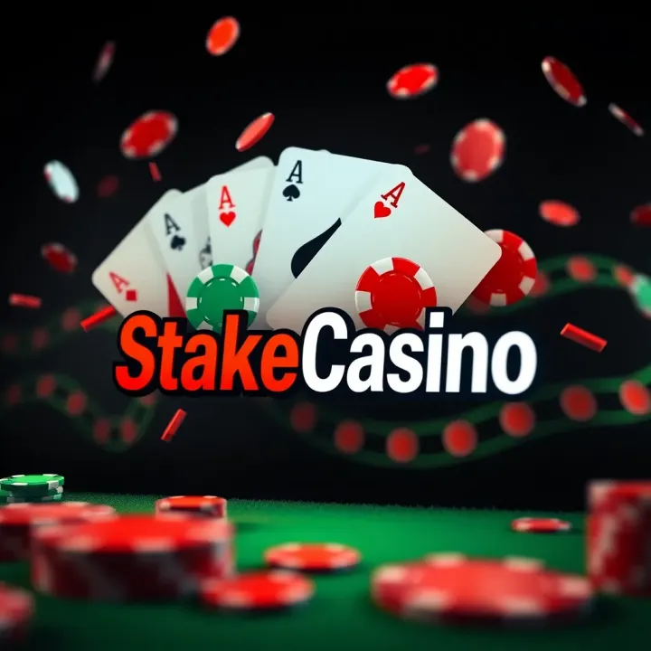 StakeCasino Logo with Gaming Elements Dynamic digital display of StakeCasino’s logo with casino chips and playing cards, symbolizing the platform’s online gaming environment