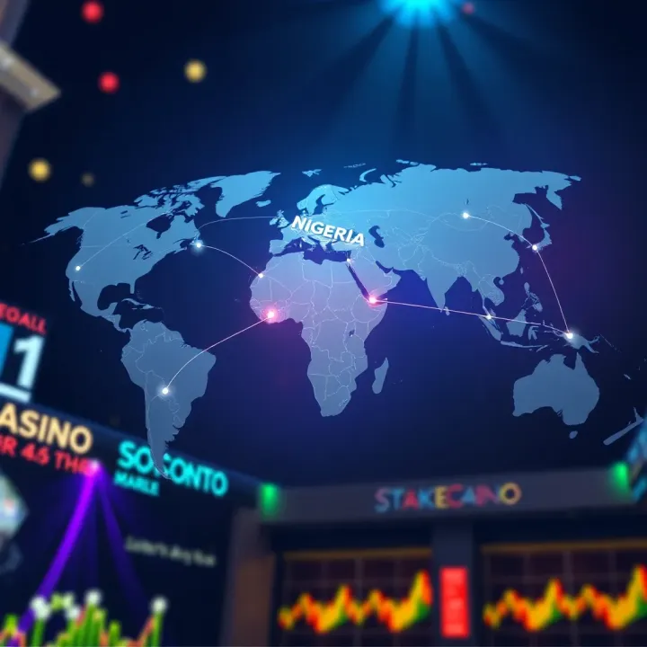 Global map highlighting Nigeria and other key markets connected by digital lines representing StakeCasino’s international growth and market influence