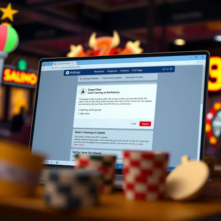 Browser window showing StakeCasino game interface with cache clearing and update notifications