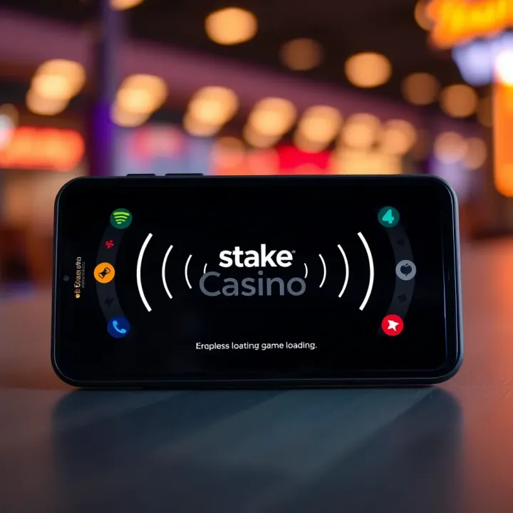 Mobile device displaying StakeCasino loading screen with network signal icons