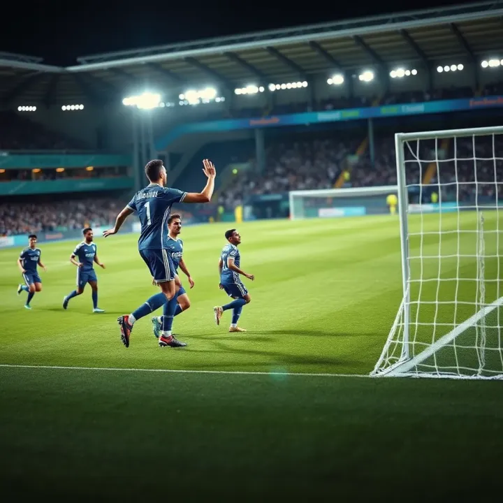 Soccer stadium showing home team players in blue uniforms celebrating a goal