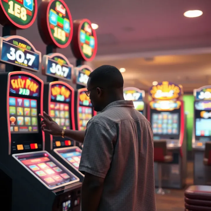 Conceptual illustration of self-exclusion in gambling showing a person blocking access to slot machines and betting terminals