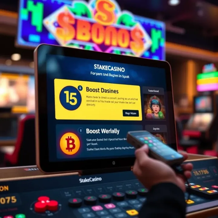 Digital interface displaying StakeCasino Boost options and bonus rewards