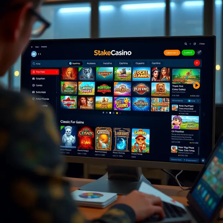 Exploring StakeCasino Classic Platform Features Classic online casino interface showing game selection and user menu on desktop screen