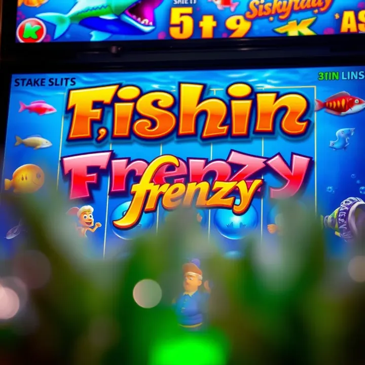 Colorful Fishin Frenzy slot game screen with aquatic symbols and bonus features