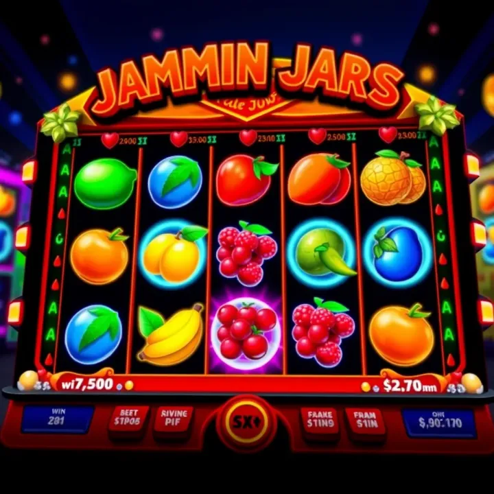 Jammin Jars Slot Gameplay with Vibrant Fruit Symbols Colorful Jammin Jars slot game interface showing vibrant fruit symbols and clusters on screen