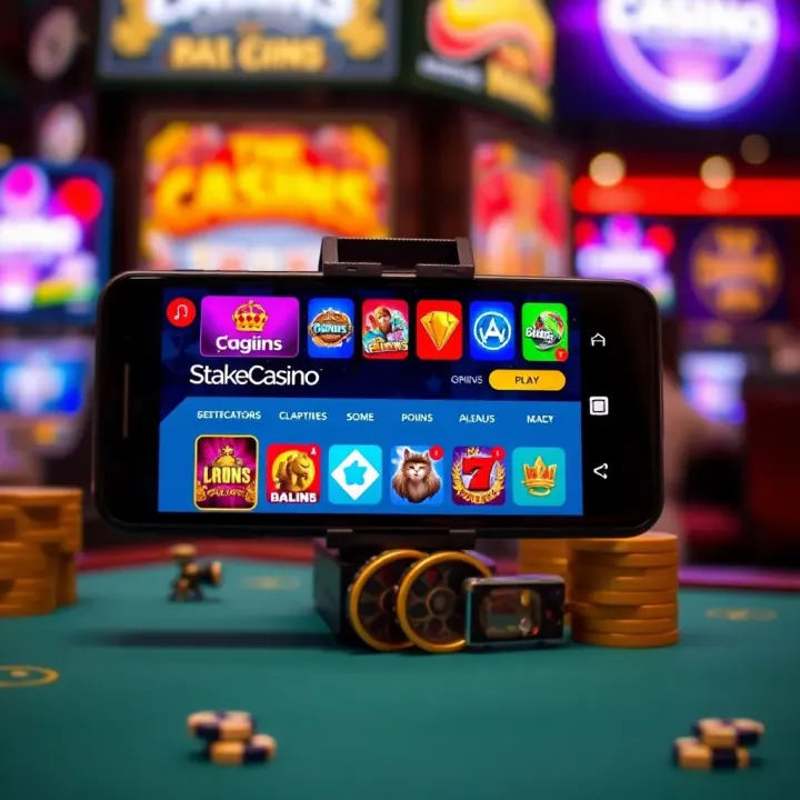 Mobile device displaying StakeCasino interface with colorful gaming icons and navigation options