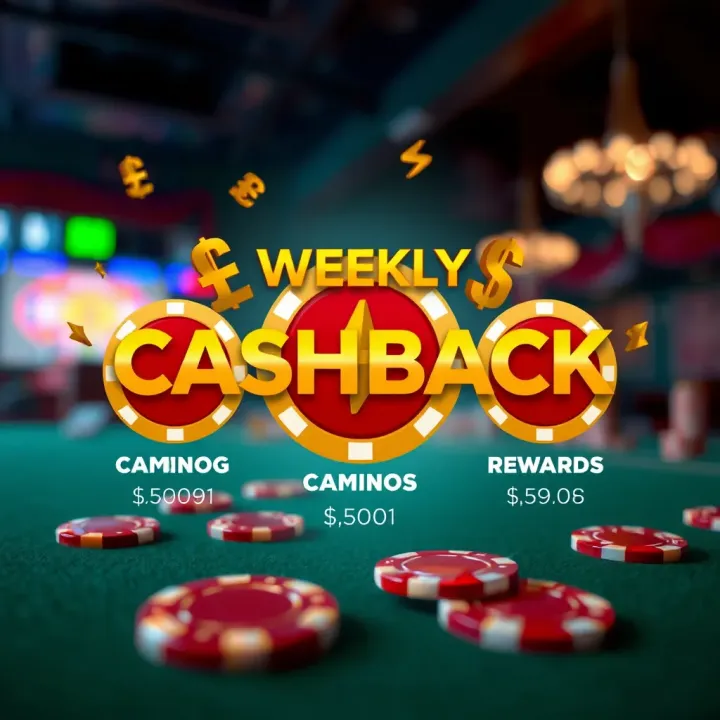 Graphic illustrating the concept of weekly cashback rewards with casino chips and currency symbols
