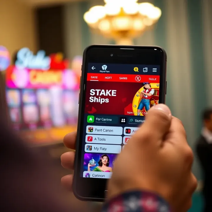 Mobile device displaying classic StakeCasino shop interface with navigation and game options