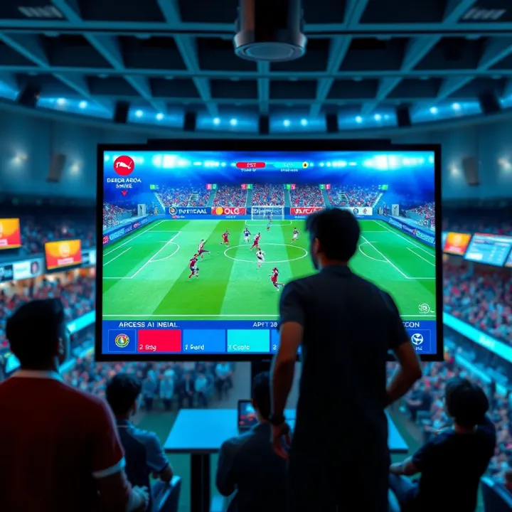 Virtual Football Game Display on Digital Platform Digital screen showing virtual football game with dynamic scoreboard and players