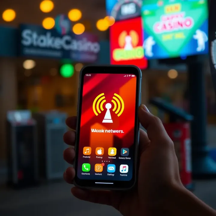 Network Connectivity Challenges Causing StakeCasino App Crashes Smartphone showing weak network signal affecting app stability
